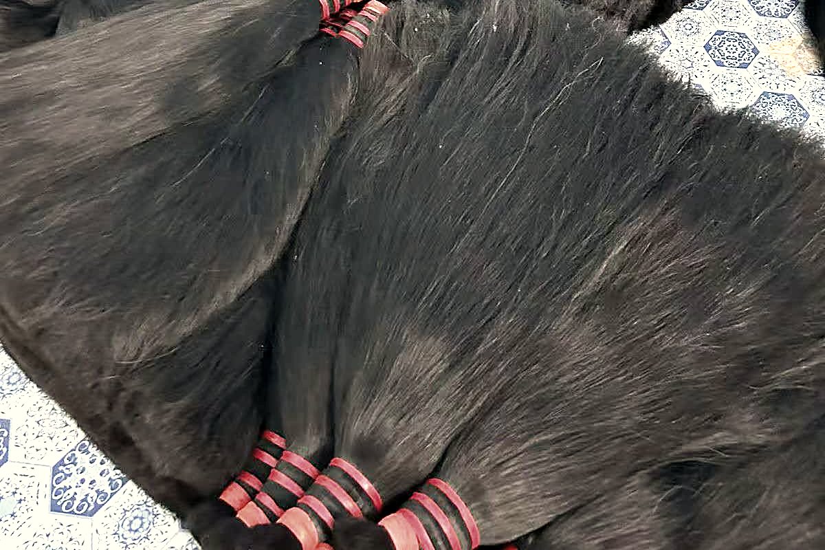 Long lengths of processed Indian human hair, tied in bundles